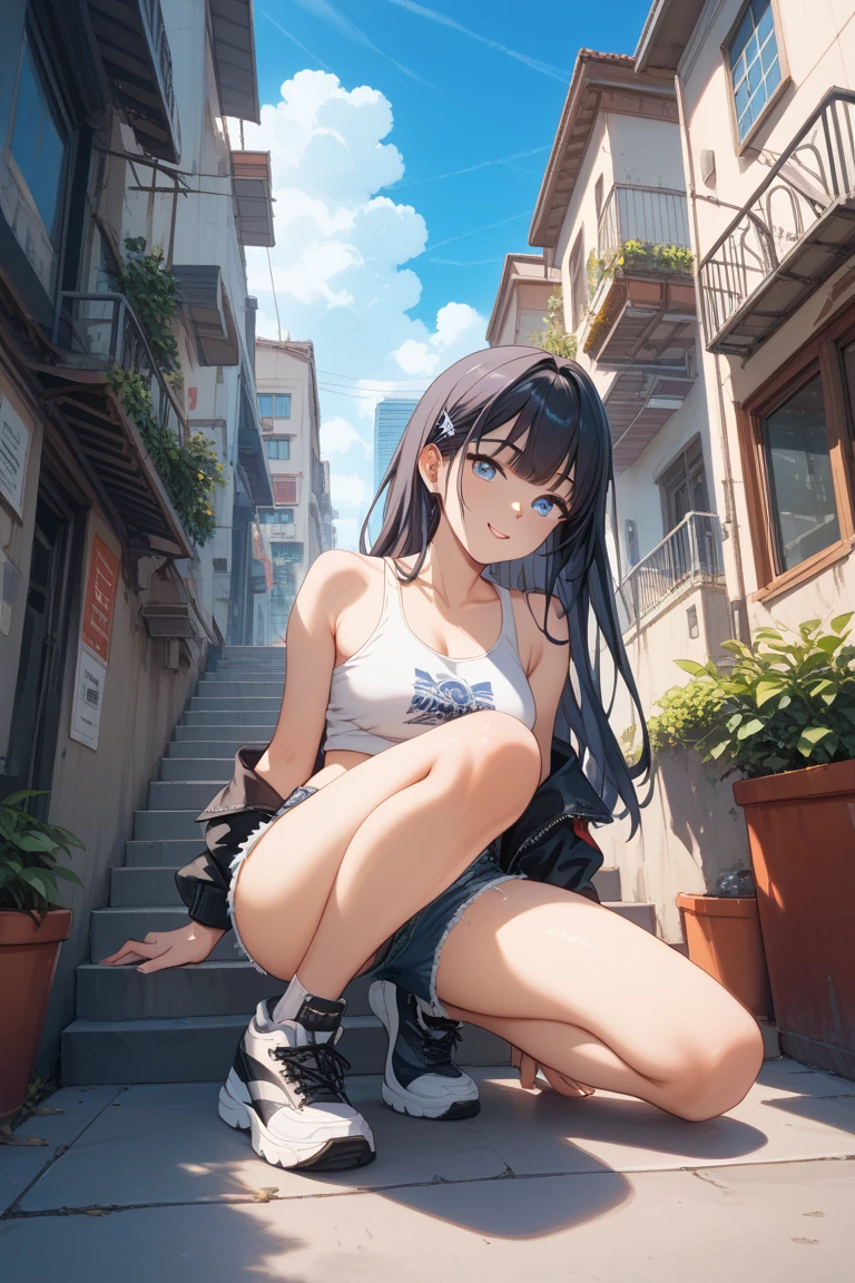 Masterpiece, best quality, high resolution, 1 woman, black skin , black hair , Close your eyes.. , black tank top , underwear , abdomen , big breasts, Long legs , Barefoot , stretch , sit , open your legs. , stairs , tunnel , drain pipe