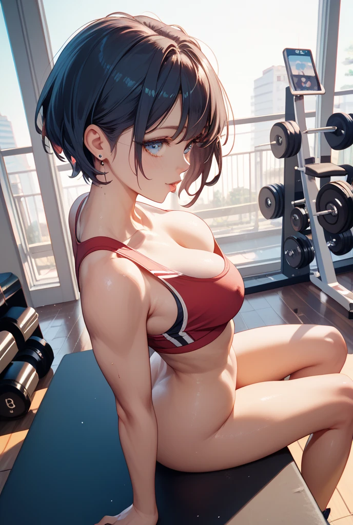 (8K，Ultra-detailed，Hyper photorealism，best masterpiece，nature，perfect work of art，perfect female body)，two cute girls，Standing in the gym wearing a tiny bikini，Female fitness trainer，Stylish hairstyle，Elegant and sexy weightlifter，sexy exposed forehead girl，Put on sexy vacuum fitness beauty，Built-in thong，big cleavage，Stretch the meat，Improve sex appeal，It&#39;s a violent house，Full body shots