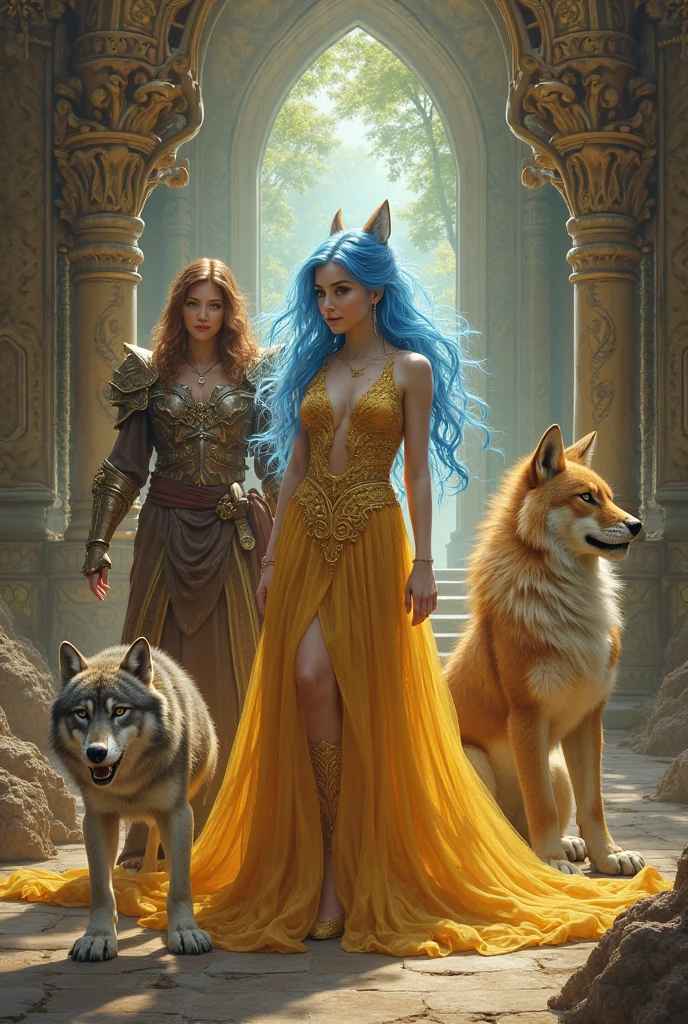 [intricate and detailed masterpiece of a goddess, realistic 4k image], the goddess is of human-feline race, she is adorned with intricate tiger tattoos, wearing a celestial outfit with gold embroidery , (accompanied by her faithful white tiger companion) in a heavenly place