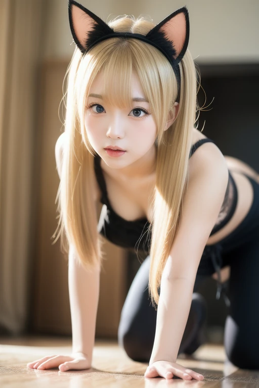 (RAW Photos: 1.2), Highest quality, Beautiful details, Bunny girl, Captivating look, blonde, Twin tails, Highly detailed eyes and face, Beautiful details eyes, Large file size, High resolution, High resolution, 8k wallpaper, The finer details, Highly detailed Ticker uniform 8K wallpaper, Light on the face, Cinema Lighting, 40-year-old woman, Sexy pose, (Photorealism: 1.4), Surrealism, From below, Super detailed, Tabletop, Playboy Bunny, Fishnet stockings Pantyhose, On all fours,huge ,illuminated by spotlight,On Stage,