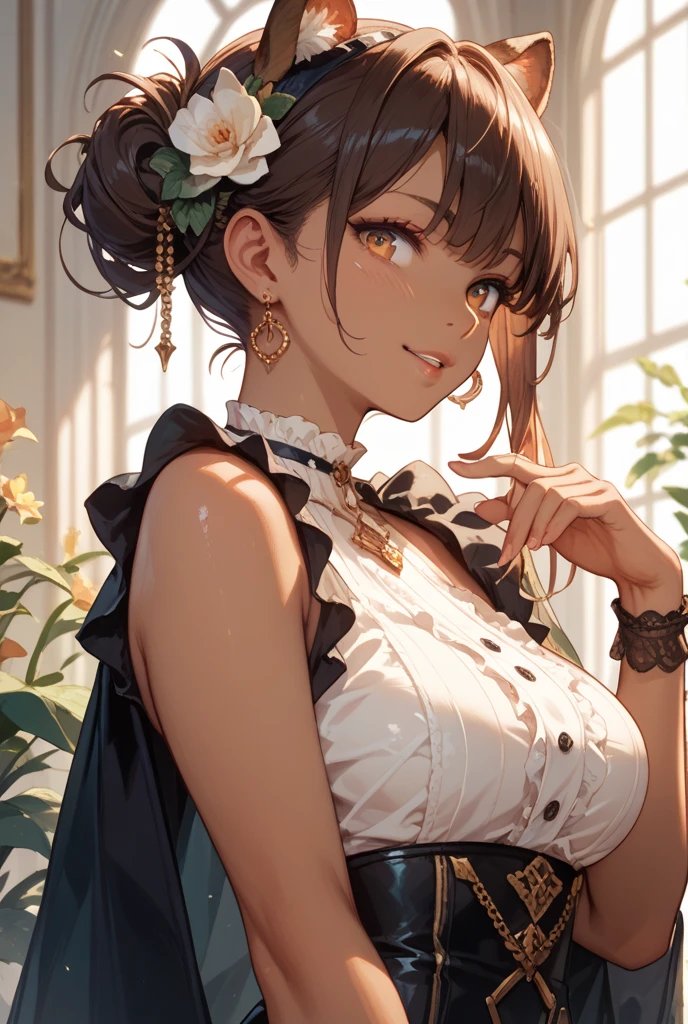 (((Masterpiece))),(((Super Detail))),(((in 8K))),(((best composition))),(((Rim lighting,Fireglow effect,deep shadow))),solo),Beautiful fingers,Detailed finger features,(Detailed hair features:1.7),(Dynamic and sexy bending pose:1.3),detailed facial features,detailed clothes features, (perky chest:1.1), (pointed chest:1.3), delicate beautiful face, Bright blue eyes, cute eyes, sparkling eyes, Big eyes, beautiful detailed eyes,double bun with glittering hair ornament:0.6,(super detailed glossy skin:1.3),slender body,goddess smile,((with sparkling eyes and a contagious smile)),beautiful posture,have a cup of coffee,black hair, red eyes, dress, bare shoulders, jewelry, collarbone, sidelocks, hairband, earrings, indoors, off shoulder, sweater, arms behind back, plant, short hair with long locks, white hairband, off-shoulder dress, sweater dress, off-shoulder sweater, red sweater, big side hair, very long side hair,(super delicate floral pattern:1.2),seductive cleavage:1.3,beautiful glossy legs,shiny red high heels,lifting dishes with cakesd,french restaurant,hustle and bustle,rising steam,(((depth of fields)))

