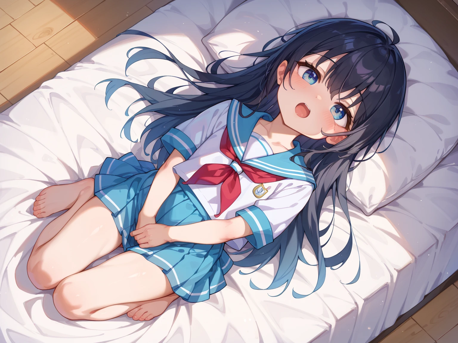 One girl, alone, Long Hair, skirt, Black Hair, underwear, school uniform, pantyhose, Lie in, Seraphim, Iris, black pantyhose, bound, BDSM, bondage、Your pupils are heart-shaped, close your eyes, Tears in my eyes、Open your mouth, What saliva leaves behind, 濡れたskirtの裾, Sticky panties, Bulging of the vibrator cord, Vibrator with Garters,