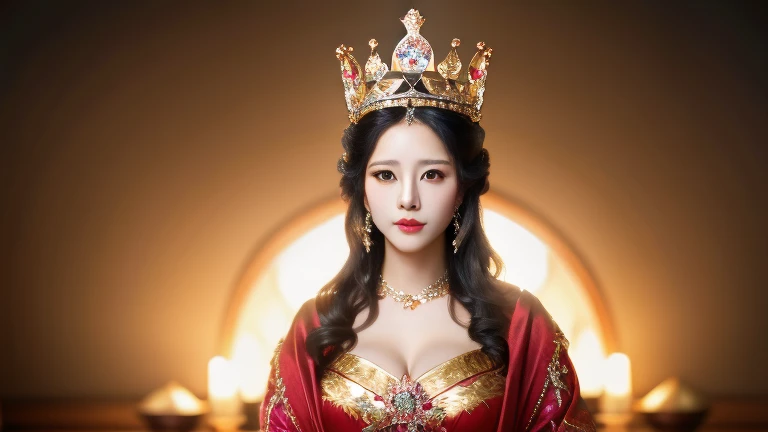 a woman with exaggerated large breasts, confident sitting on a throne, wearing a gorgeous red dress, a large ornate crown on her head, looking down at the viewer, detailed facial features, hyper-realistic, 8k, ultra-detailed, photorealistic, masterpiece, dramatic lighting, cinematic, oil painting、She is a Japanese woman