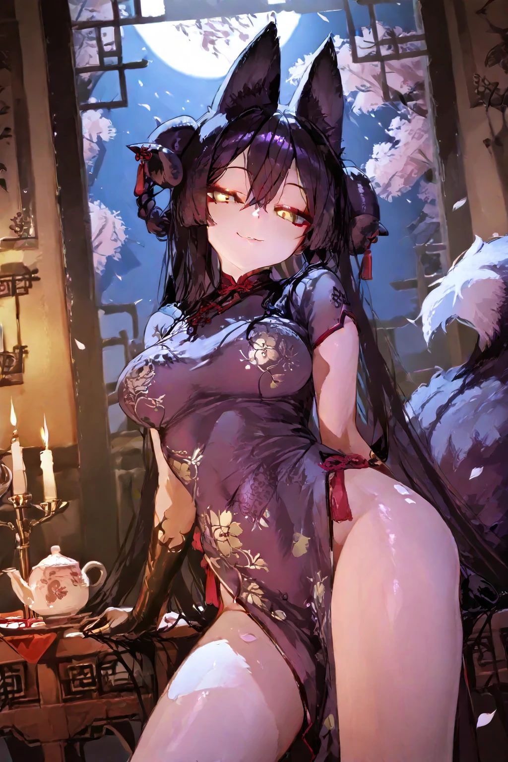 masterpiece, high resolution, high quality, red kimono, big breasts, cat ears, floral pattern, red eyes, NSFW, black hair, ponytail,