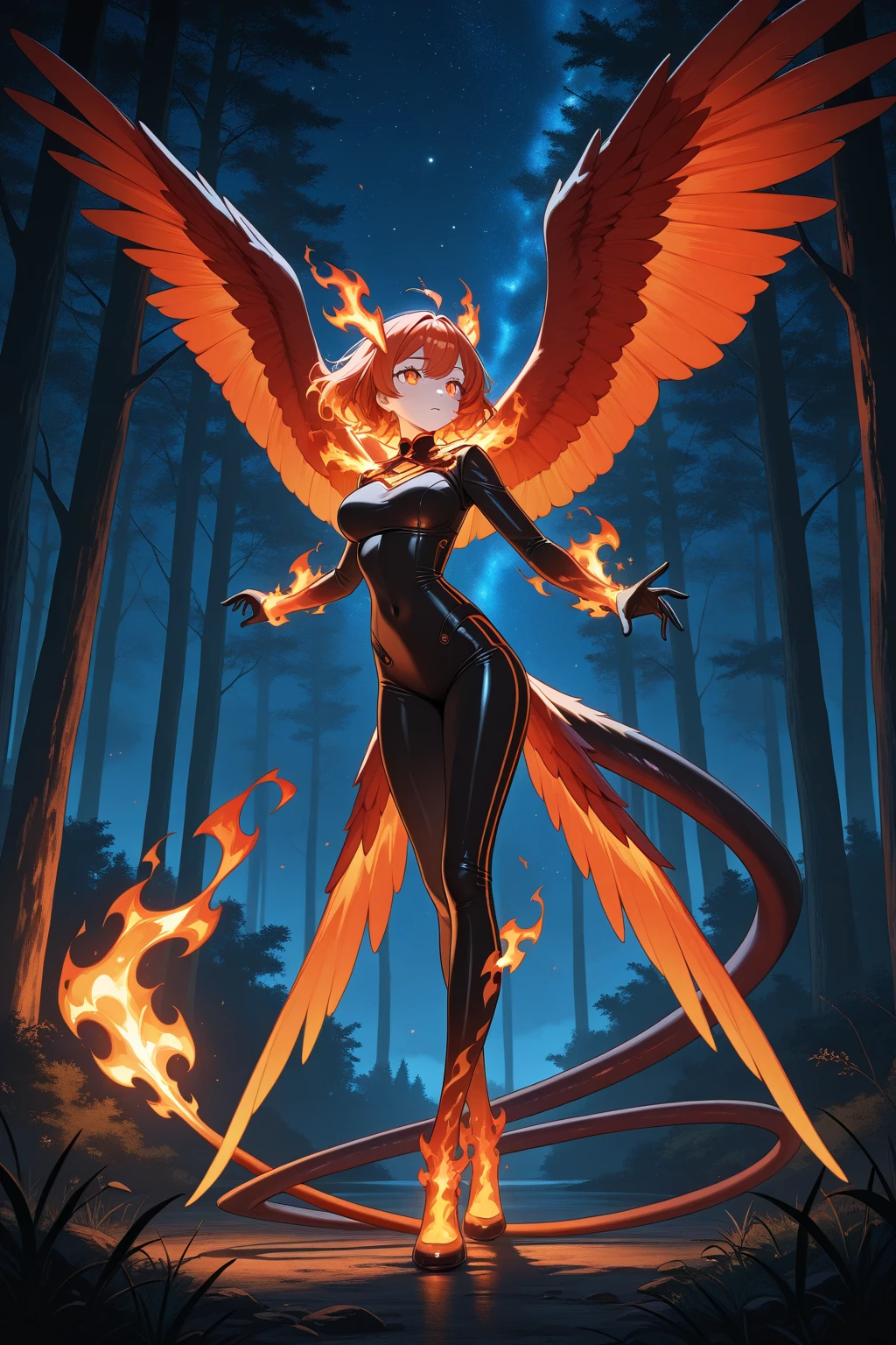 score_9, score_8_up, score_7_up, an Anthro phoenix girl, avian female, standing, yellow eyes