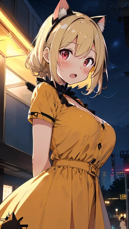 a woman posing on the street corner with orange dress on, best quality, 1girl, huge breasts, day, bright, blur background, bokeh, outdoor, (street:0.8), (people, crowds:1), (lace-trimmed dress:1.5, sleeveless dress, orange clothes:1.5, high-neck dress:1.5, orange dress: 1.5), gorgeous, (short hair:1.5), beautiful detailed sky, (beautiful earrings), upper body, soft lighting, wind, shiny skin,