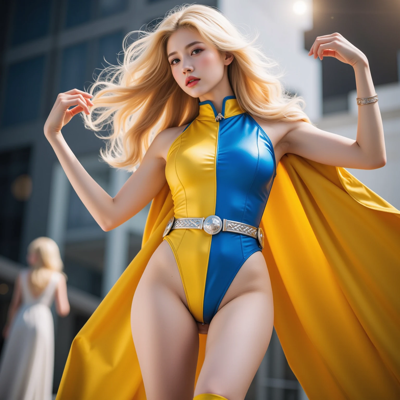 comic art, woman, super hero, straight blonde hair, bangs, cape, blue tights, gold belt