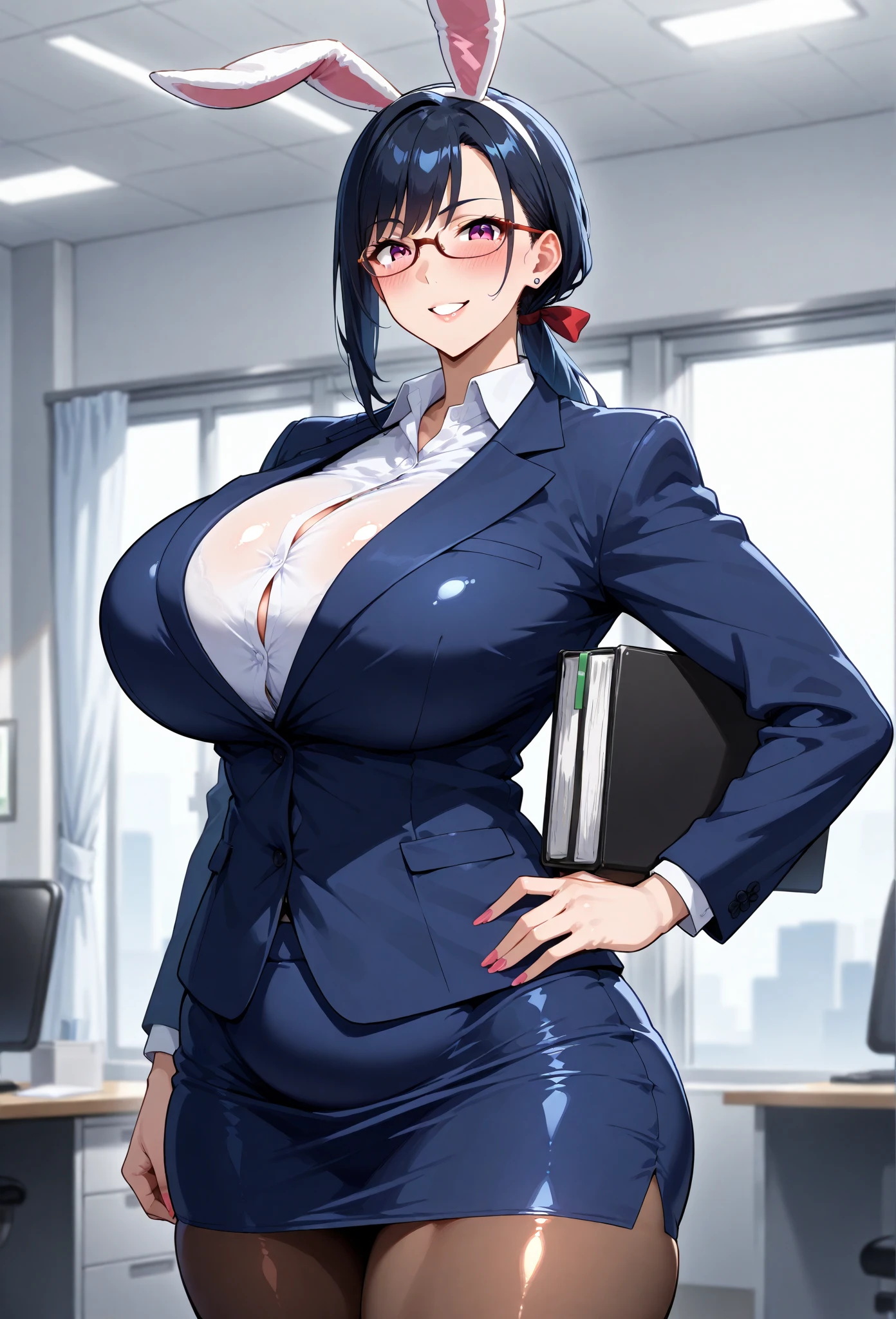 (high quality:1.1), detailed, cinematic lighting, shadows, official art,
TakamineAyako, 1girl, solo, mature female, milf, sitting on table, (hand on own face:1.1), (hand on glasses:1.2), hand on hip, cowboy shot,
looking at viewer, blush, determined,
black hair, blue hair, long hair, ponytail, eyelashes, blue eyes, semi-rimless eyewear
blazer, white shirt, (black pencil skirt, miniskirt:1.1), (brown pantyhose:1.1),
curvy, large breasts, cleavage,
indoors,(table:0.8), window, day, sky, complex sky background,
<lora:TakamineAyako:0.9>