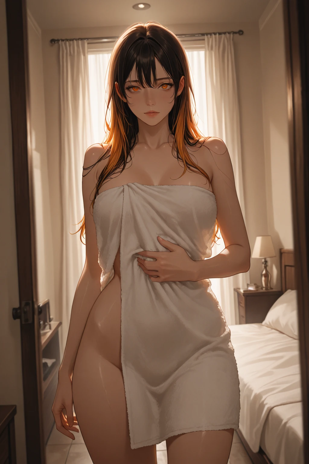 ((top quality, 8k, masterpiece: 1.3, ultra hd, high quality, best quality, high definition, realism)), sharp focus: 1.5, Beautiful woman with a muscular body, Beautiful yellow eyes, sharp eyes, beautiful brave face, thin face, soft shiny red hair, big tits, Abs, Arm muscle, Sexy and seductive pose On bed, thighs wide open, pubic hair