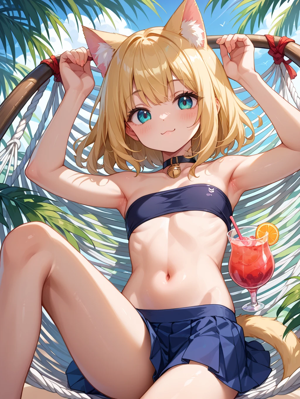 a GIRL in a white tank top on a beach chair with sunglasses on, 1girl, swimsuit, bikini, tan, tanlines, solo, blush, micro bikini, , navel, lying, on back, one-piece tan, arm up, blonde hair, armpits, spread legs, sweat, red eyes, looking at viewer, closed mouth,Ichigo Hoshimiya (Aikatsu!),sitting, squating, looking down, look at the viewer, from below