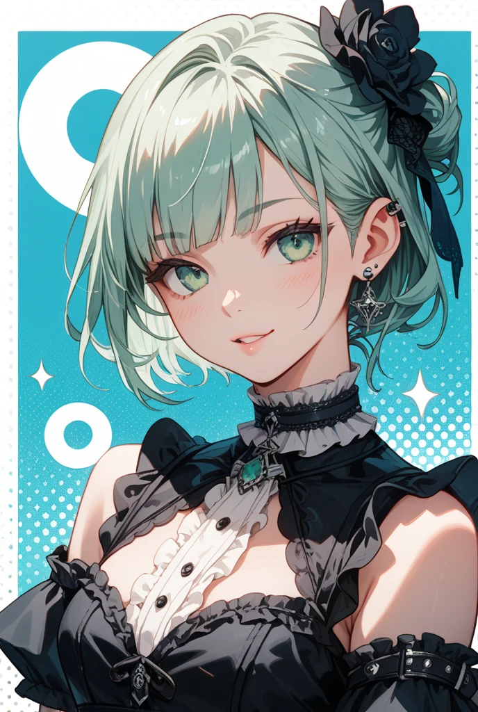 beautiful, masterpiece, Highest quality, anime, One girl, C Cup,Portrait Shot, View your viewers, Covered、Short Hair、nearby、green目、art、、White hair,Blue streaked hair、wallpaper、hairpin、Cute smile、Thighs、 green空、green_Leather Race Queen、green_Leather Gloves、Kneeling、grass、navel、peace sign
