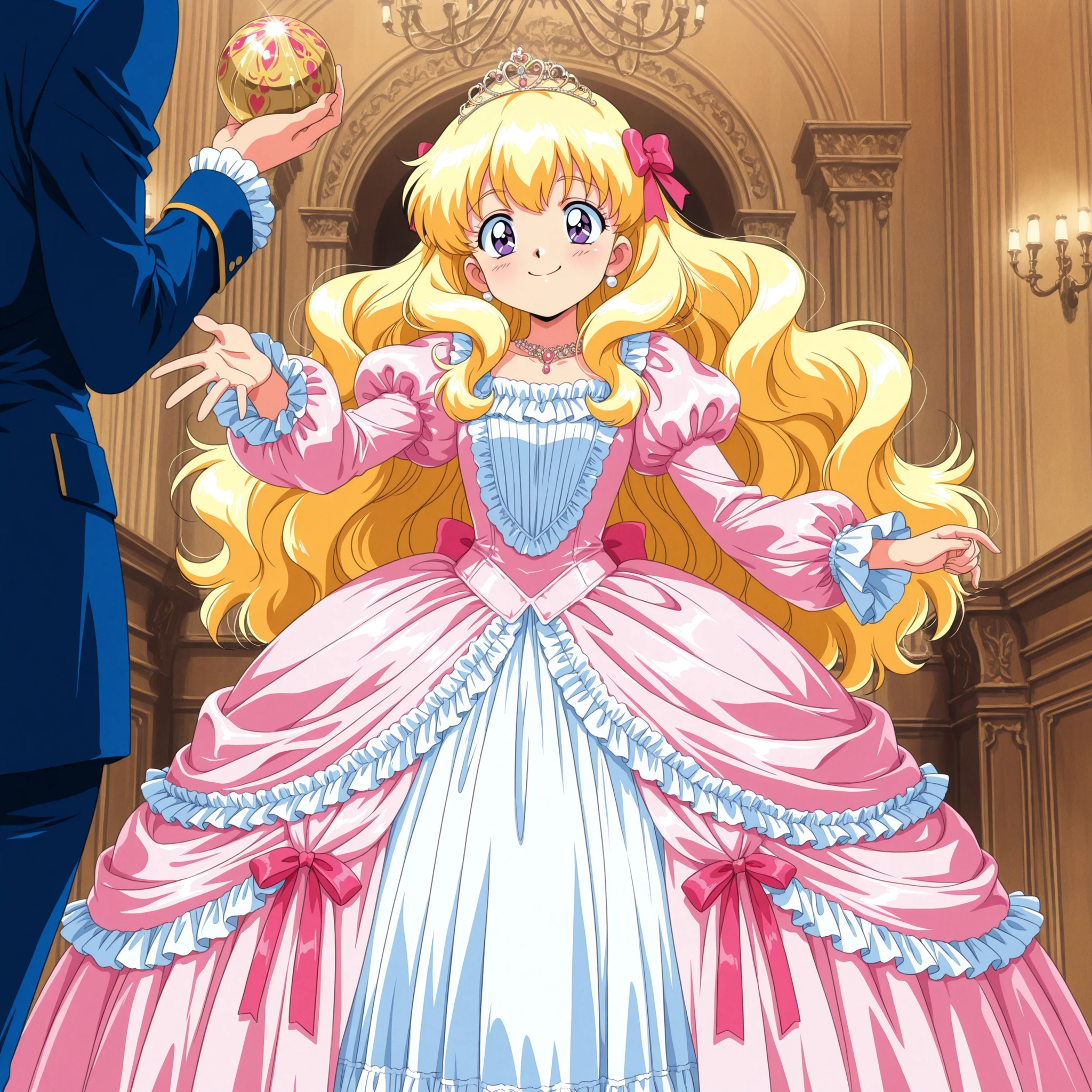 1990’s style anime,A Cute Princess, she is smiling,((pink Silk Satin Victorian big Ball Gown Dress.:1.0)),baby face,short tall,long sleeves,The dress is decorated with lots of frills and ribbons., blond wave Long hair that reaches down to the waist,They are wearing princess tiara on the head,in the luxurious European rococo style palace,