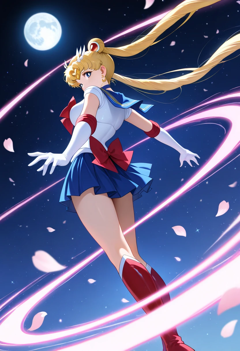 (High quality, 32k anime ultra HD, 1980s /(style/), retro art style, highly detailed, perfect anatomy), ((sailor moon, Tsukino Usagi)), 1 girl, solo, (blonde hair, short hair, pigtails, center parted bangs, hair blowing in the wind), (blue eyes, beautiful, super detailed), slightly open mouth, smiling, cowboy shot, (big boobs:1.3, firm chest, beautiful breasts), thin waist: 1.0, wide hips 1.2, big ass: 1.2, (dancing, fluttering, in the air, legs spread, in front of fountain), looking at viewer, (park background, night, big fountain, lighted street lamp, lamplight), (front view, from below), core_9_up, score_8_up, score_7_up, score_6_up,