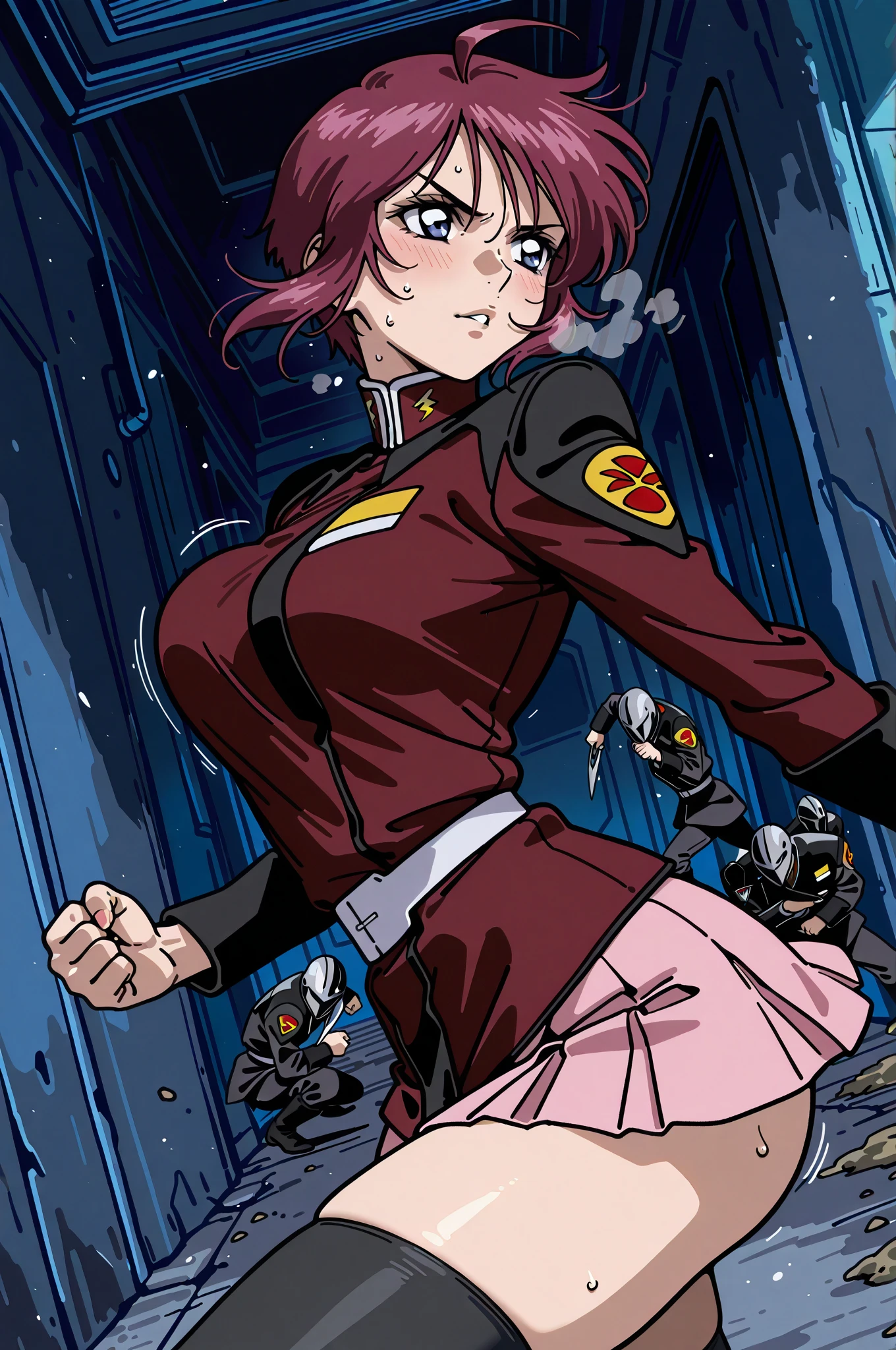 ultra-detailed, Explicit, Beautiful body, Beautiful Nose, Beautiful character design, perfect eyes, perfect face, ultra highres, 4K, beautiful legs, perfect legs, Nice hands, Perfect hand, Masterpiece, Best Quality, Highly detailed, illustration, absurdres, perfect anatomy, street fighter, doll suit, shadaloo doll, dollsuit, expressionless, blank eyes, looking at viewer, red gloves, emotionless, black latex, corrution, mind control, female combatant, full body, hypnotized, unhappy trance, full body suit, ribbed bodysuit, both arms at side, obey, perfect female body, extremely glossy latex, hypnosis, hypnoLora, empty eyes, Mind control device, poses, submissive_pose, Slave, stand up straight, standing, standing at attention, hat, necktie, belt, latex, ribbed bodysuit, thighhighs, garter belt, Fighting Stance, extending the right arm from the shoulder into the air with a straightened hand, military, thigh boots, 1girl, hair ornaments, pink hair, short hair, pink eyes, minato tomoka, one side up, hair ribbon