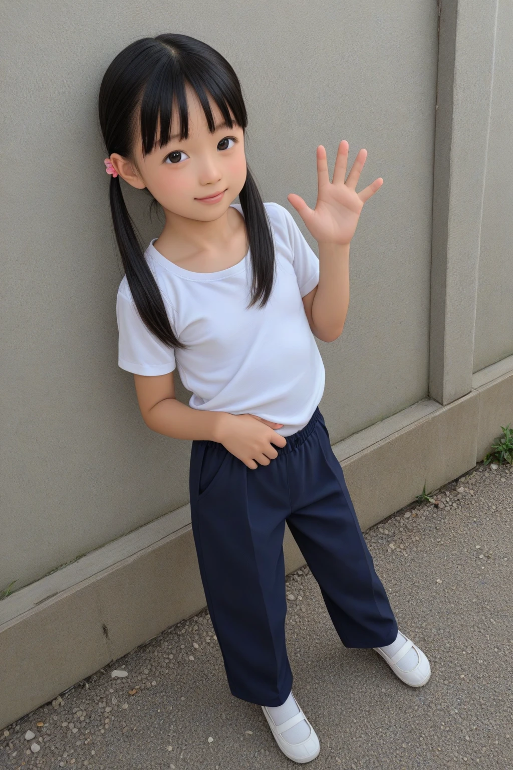8k,masterpiece,Japanese,9-year-old girl,from the front,smile,Innocent face,Calm Eyes,Childish,Small breasts,T-Shirts,Short sleeve,Short skirt,semi-long,noon,bright,One cherry blossom