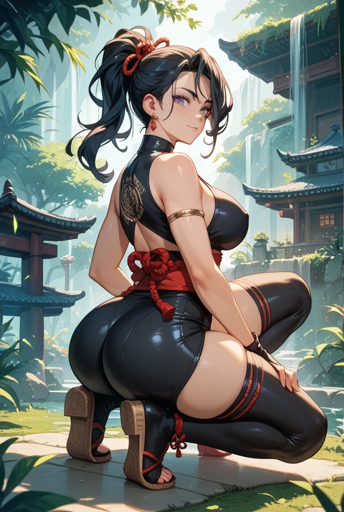 (((with your back to the viewer))), (((best qualityer))), (((perfectbody))), (((1girl))), Beautiful African American woman in oriental cyberpunk jacket, (((back view))), (((perfect ass))), (((glossy black skin))), (((fully body))), (((dental floss))), (((afro girl))), (((coxas nuas))), (((DuneWalker))), high collar, digitalpainting, Digital illustration, extreme detail, digitl art, 4K, ultra HD. Your skin is deep, rich color and her hair is pulled back into two braids