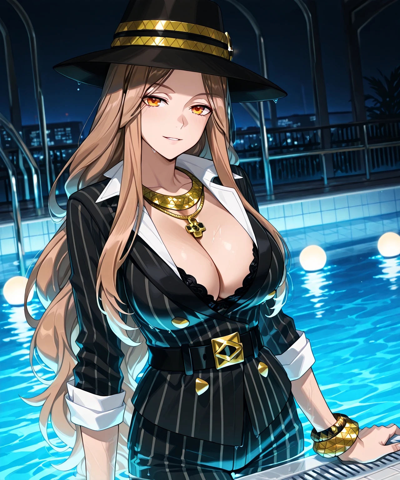 ((1 girl)), ((solo)), hizuru minakata, masterpiece, ultra detailed background, detailed, sharp focus, curvy body, looking at viewer, perfect fingers, mature woman, cowboy photo, dynamic pose, hair long, black hair, black glasses, purple eyes, smiling, seductive, standing,((outdoor, night, beach, sea, standing, moon, city lights)),((Necklace with a cross, cutout) navel, exposed navel, cleavage, long sleeves, jumpsuit, unzip dark purple jumpsuit, dark purple gloves, smile, holding gun, gun, gun, )), large breasts, medium waist, medium hips, wide thighs, butt round, ((solo)), facing forward, ((focus on breasts), pov (from above), perfect anatomy, perfect hands