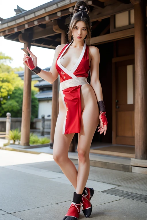 (mai shiranui:1.4), (tabi:1.4), (Full body:1.4), (Toe;1.3), (Realism), (master piece:1.2), (Best Quality), (ultra-detailliert), (8K, 4K, Convoluted), (Flat Lighting:1.2), (skinny), Prestige, Brown eyes, Long hair, brown eyes, long hair, brown hair, white ribbon, sleeveless, ponytail, sash, pelvic curtain, arm guards, gloves, tabi, fascinated expression, Sexy eyes, slim, medium breasts, Smile, Cute, view the viewer, Long hair, Close to Japan temple, (breasts focus:1.2), (Realistic:1.2), light Particle, Lighting, (Highly detailed:1.2), (Detailed face:1.2), (gradients), SFV, Colorful, (Detailed eyes:1.2), Detailed temples of Japan, Detailed background, (Dynamic Angle:1.2), Dynamic Pose, Wide Shot, Daylight, Solo.