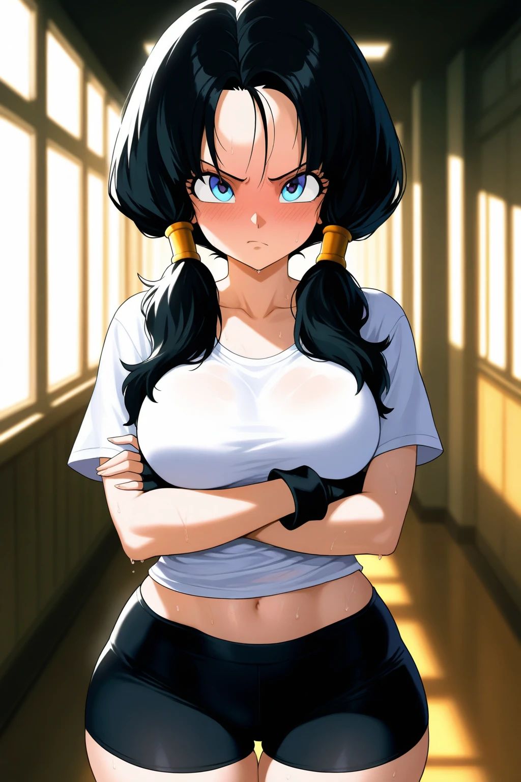 Under the soft glow of a warm lamp in her cozy bedroom, Videl from Dragon Ball Z radiates beauty in a sexy white pajama set that gracefully hugs her athletic figure. Her bed, draped in luxurious blue silk sheets, invites comfort and relaxation. Surrounding her are shelves filled with martial arts trophies and books on fighting techniques, each telling a story of her strength and determination. A plush dragon, a gift from Gohan, sits endearingly in one corner, adding a touch of tenderness to the room. By the window, where moonlight gently filters through, stands a vanity adorned with delicate lights, reflecting her elegance and charm. Videl’s serene expression and gentle smile capture a sensuality that is both subtle and commanding. The room’s ambiance, from the intimate lighting to the personal mementos, creates a perfect backdrop, highlighting Videl’s unique allure and captivating presence.