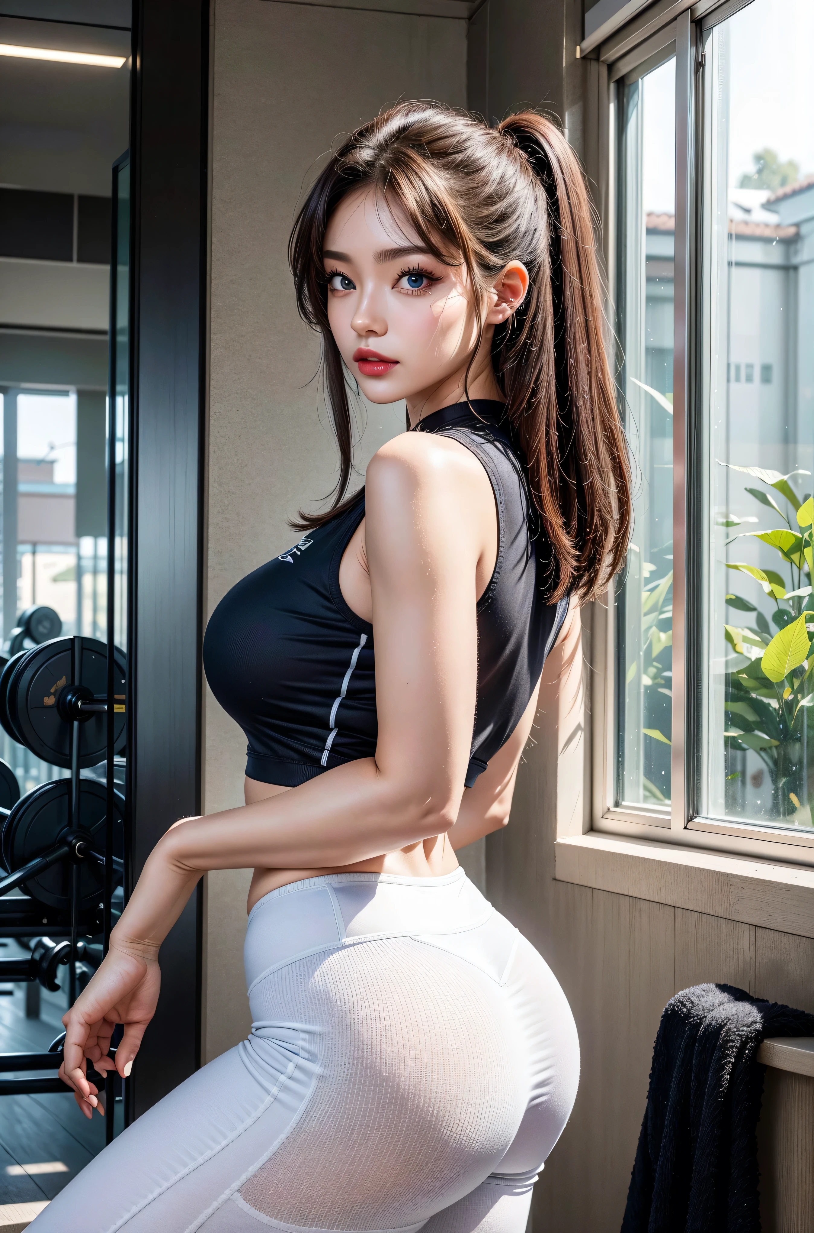 22 year old woman light brown hair with light eyes wearing tight gym clothes training with sports shoes with big breasts and big buttocks