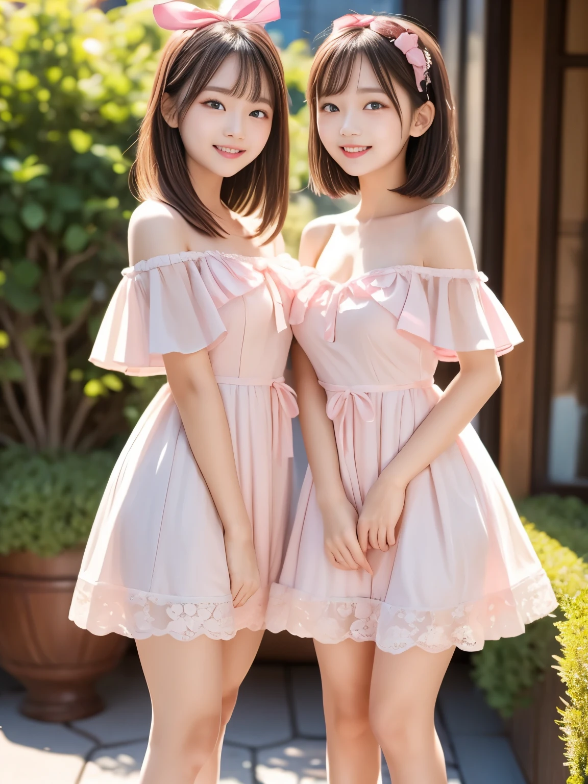 (masterpiece, best quality, ultra-detailed), two cute sisters smiling warmly at the camera in a dreamy garden full of pink camellia blossoms. The older sister gently holds one side of her frilly mini dress, slightly lifting it in a playful and elegant pose. The younger sister stands beside her with a sweet smile, hands down or lightly resting. The older has long black elegant hair with a shiny ribbon, the younger has a short cute bob with a large pink bow. Both wear pastel pink off-shoulder dresses with lace and satin ribbon details. Pearl accessories, soft light, shallow depth of field, knee-up framing, front view.
