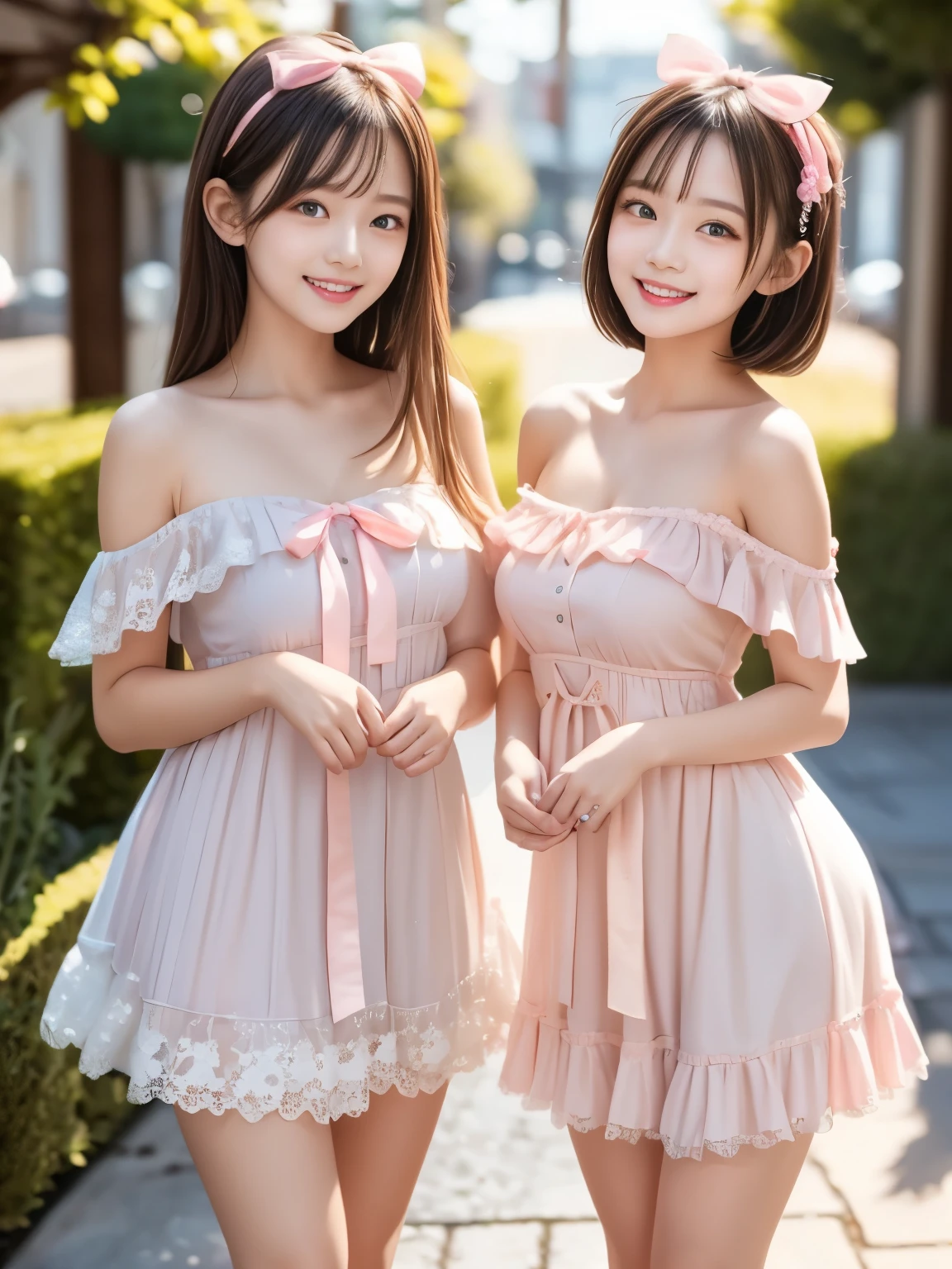 (masterpiece, best quality, ultra-detailed), two cute sisters smiling warmly at the camera in a dreamy garden full of pink camellia blossoms. The older sister gently holds one side of her frilly mini dress, slightly lifting it in a playful and elegant pose. The younger sister stands beside her with a sweet smile, hands down or lightly resting. The older has long black elegant hair with a shiny ribbon, the younger has a short cute bob with a large pink bow. Both wear pastel pink off-shoulder dresses with lace and satin ribbon details. Pearl accessories, soft light, shallow depth of field, knee-up framing, front view.