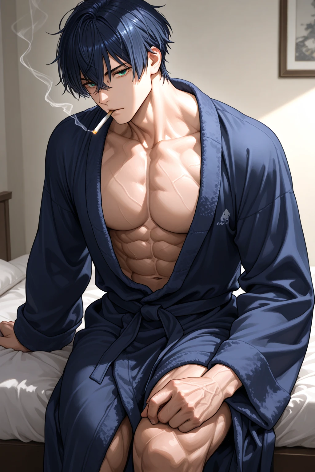 a extremely handsome man on his young Thirties, with an incredible athletic body, shirtless, dark-skinned Puerto Rican and Japanese ethnicities, and black hair, red eyes, in his bedroom
