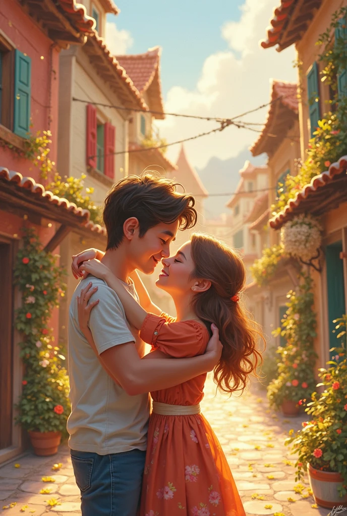 Brown haired boy with blue eyes, tall and 2. Short Brown hair, girl with brown eyes, small, . They cuddle in paris.