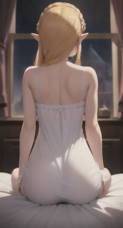 Miscellaneous Hylia, blonde, red eyes, smirking at viewer, back view, POV, bed, sitting, negligee,