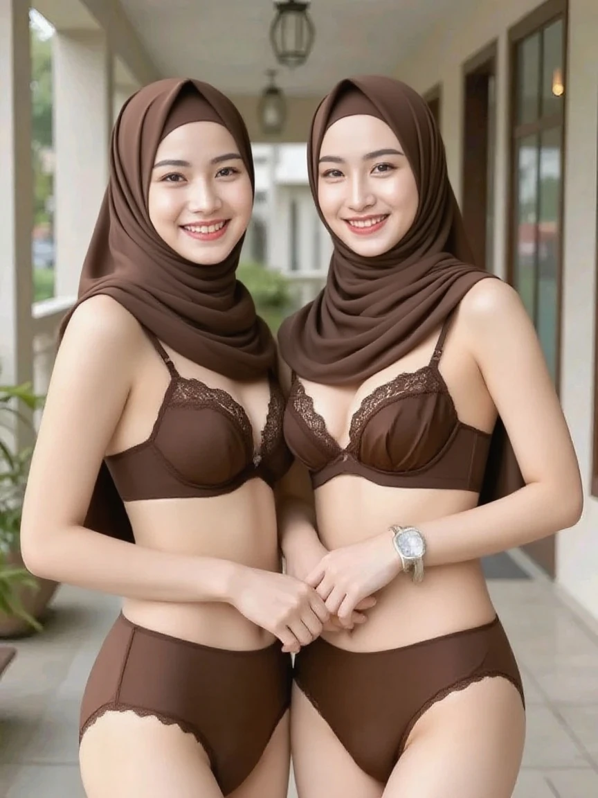best quality, high resolution, young twin beautiful Indonesian women in hijab, wearing peach color laced hijabs, soft smile, wearing peach color laced panties, wearing see-through peach color mini skirt, wearing see-through peach color laced bra, photorealistic, realistic, small breasts, smiling, full body, breezy, skin details, skin texture details, tiny and skinny body, flat-chested, morning time, happy, bright sunshine, standing in the village, blurred background, bokeh