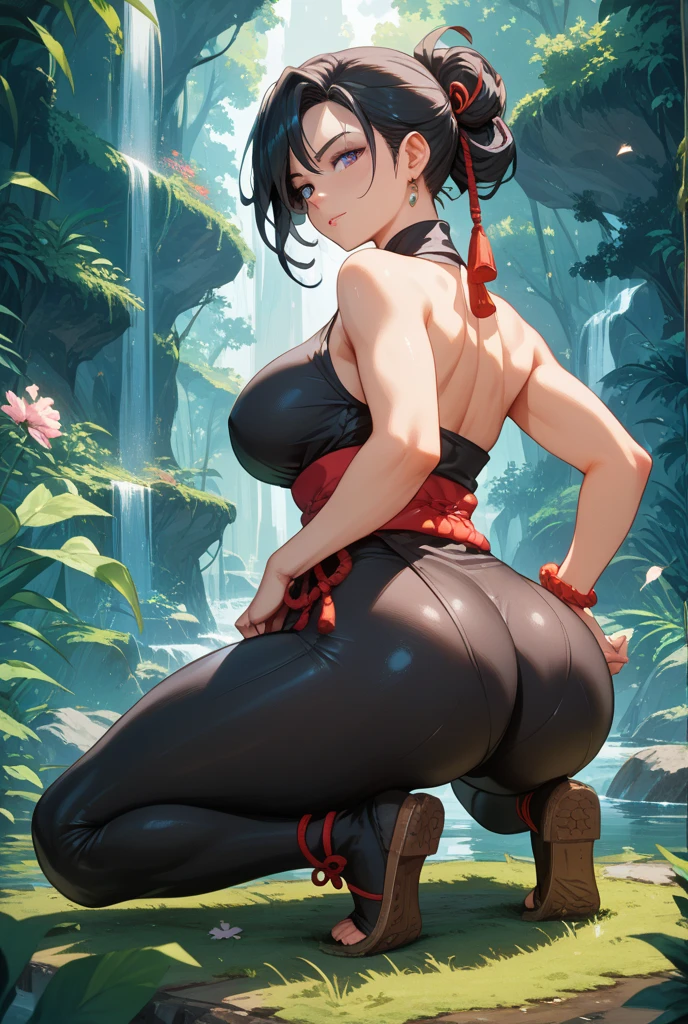 (((solo,1woman, mature, alone))), kuchikirukia, ((black hair, short hair, Lock of hair between eyes, glowing violet eyes, wide eyes, lipstick, makeup, narrow waist, skinny, )), pelvic curtain, ((black , pale skin)), full body, perfect body, (insanely detailed, beautiful detailed face, masterpiece, best quality), (extremely detailed 8k paper CG wall unit: 1.1), (saigyou_ayakashi, _tree, cloudy sky, cloud, fog, dusk),  view, , View from above, Diagonal view