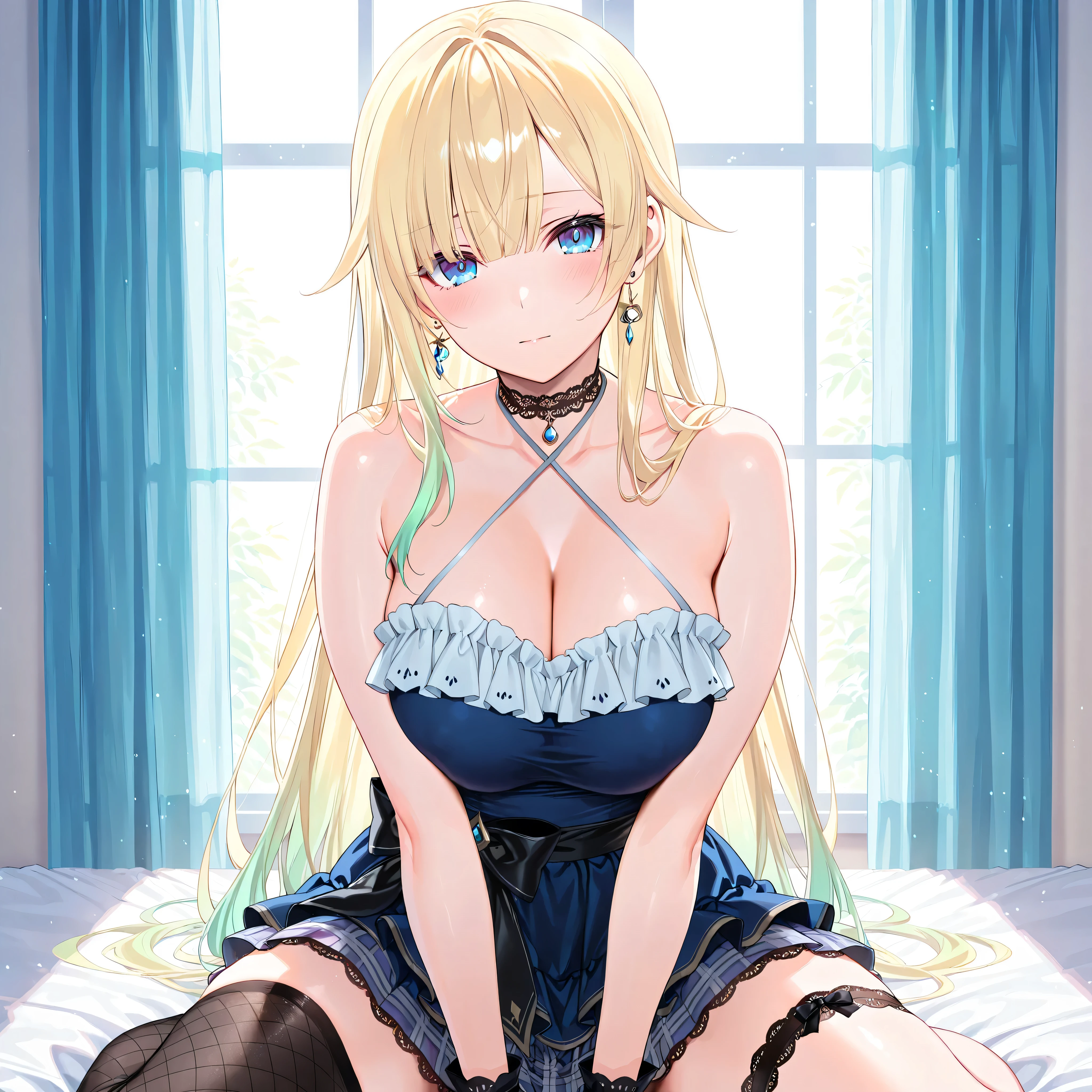 18-year-old blonde girl, Turquoise eyes, long-haired,Braid left and right. Take off your clothes...big breastm... Show off your breasts, Seduction.........lyin in bed...With a slightly smiling face............
