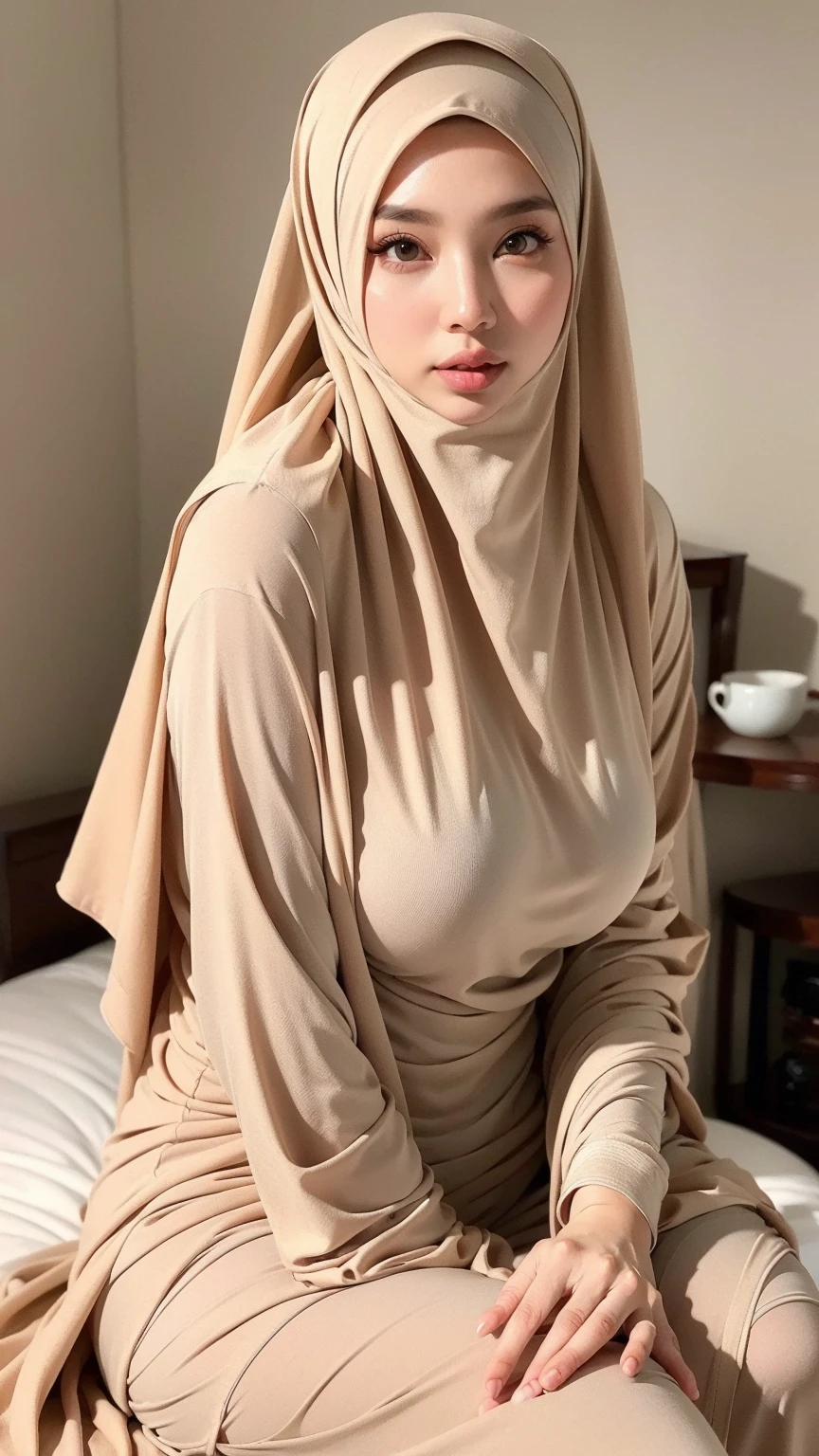 Create an anime-style image featuring a serene, composed female character with a soft and mysterious expression. She is wearing a light pink hijab that wraps around her head and shoulders, contrasting with her beige and brown attire. She is seated gracefully on a smooth surface, with her legs folded beneath her, and the folds of her clothing creating gentle curves. The background is dark and minimalistic, allowing the character to stand out, illuminated by a soft, ambient light. The overall mood of the image is calm and contemplative.