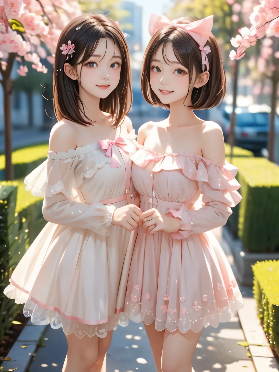 (masterpiece, best quality, ultra-detailed), two cute sisters smiling warmly at the camera in a dreamy garden full of pink camellia blossoms. The older sister gently holds one side of her frilly mini dress, slightly lifting it in a playful and elegant pose. The younger sister stands beside her with a sweet smile, hands down or lightly resting. The older has long black elegant hair with a shiny ribbon, the younger has a short cute bob with a large pink bow. Both wear pastel pink off-shoulder dresses with lace and satin ribbon details. Pearl accessories, soft light, shallow depth of field, knee-up framing, front view.