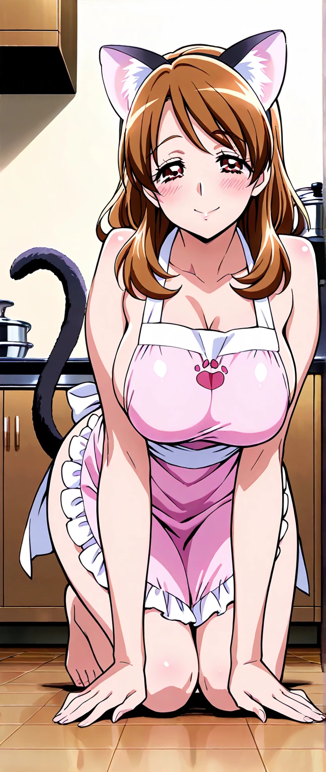 score_9, score_8_up, score_7_up, score_6_up, score_5_up, score_4_up, yu hee, medium long shot,, indoors,  standing, open the door, butt pose, ass, anal tail, in restaurant, , detailed blue eyes, black hair, Brunette , brown hairs, ponytail  hair,hard nipples, large breasts,, look at down,   Hot sexy beautiful cute milf hugging with ugly fat old man , very shy ugly fat old man, naked, bare shoulders, ruffles  apron,  cat ears, bell collar ,   lipstick,makeup, stockings , shy face , embarresed ,vibrator pussy ,