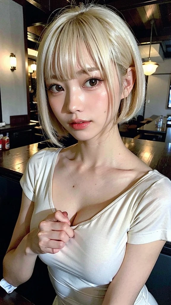 ((masterpiece:1.2、Highest quality、Tmasterpiece))、1 female、alone、classroom、Day、(Korean Idol:1.2)、(Are standing:1.4)、blonde、(Hime Hair:1.4)、Wavy Hair、Medium Hair、Beautiful feet、break、((T-Shirts、Ramen shopの店員:1.4))、(Beautiful white skin:1.4)、(Big Breasts:1.5)、(black tights)、Hoop Earrings、lipstick、Ring Choker、blush、smile、Covered breasts、(Thick lips:1.2)、Detailed body、Very detailed絵画, Luminism、4K resolution、3D Rendering、Exquisitely crafted , Cinematic、Realistic、Hit definition、Abstract Beauty、Approaching perfection, Pure Form, Golden Ratio、Very detailed, Digital photography, Soft natural light, 50mm lens, F1.8 Vacancies、blush、Small face、(Tight waist:1.3),(albino:1.3),(anorexia:1.3),(Sickly:1.2),(Face close-up:1.4),(Short Bob:1.2),(Ramen shop:1.5)、smile