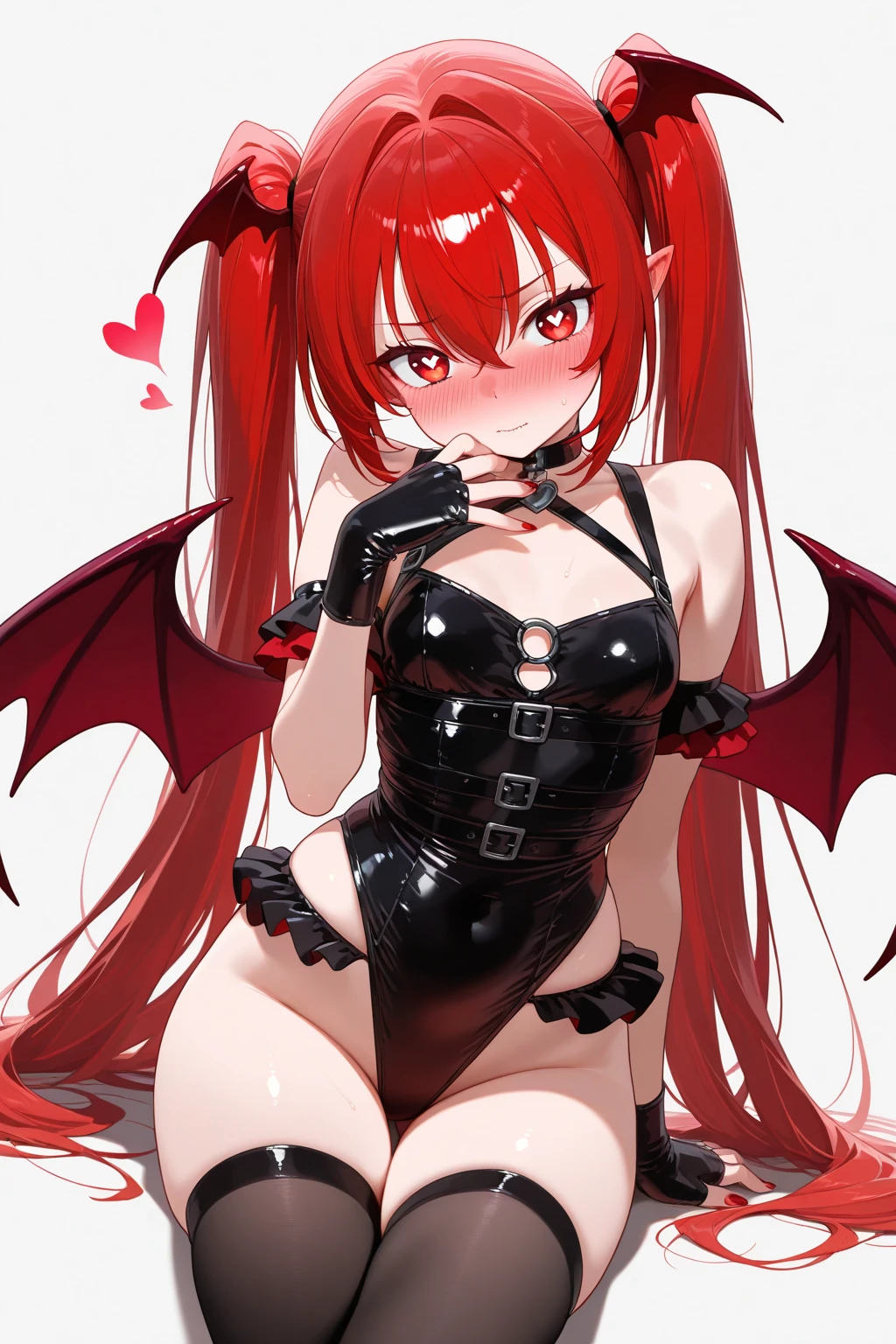 Little devil, heart-shaped tail, mature expression, eyeliner, tongue sticking out, shyness, wiggles, little devil's cute outfit, red lipstick, upturned eyes, blurred background of many balloons