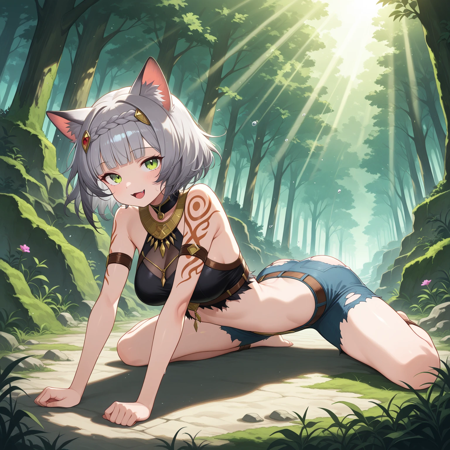 A highly detailed pov illustration of (((female, cat ears, cat tail, young, petite, flat chest, young, lithe, tribal catgirl)), ((flat chest, small breasts, a-cup, ultra petite body)) looking at overgrown ruins, (detailed eyes, ultra detailed eyes), sexual, aroused, standing over viewer, viewed from below, close-up, exploring jungle, bedroom eyes, aroused expression, blushing heavily, ((detailed cameltoe)) mons visible, inguinal crease, showing off body, ((primitive tribal clothing, body markings, exploring)), detailed background, dense jungle, ruins covered in vines, by sandra chevrier and greg rutkowski and wlop, bright light, digital art, highly detailed, fine detail, intricate, ornate, complex, octane render, unreal engine, photorealistic, 8k, 16k,