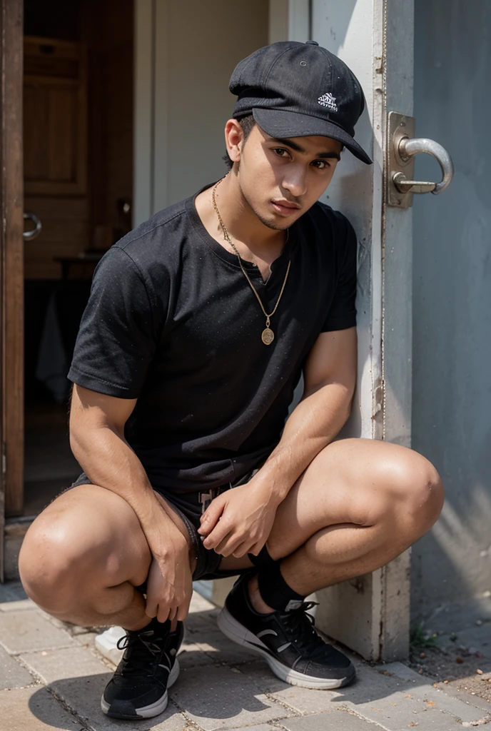 Naked indigenous boy chained with erect penis.