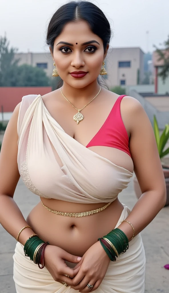 Indian woman masterpiece, best quality, ultra-detailed, (warm hue, warm tone: 1.2), wearing colorful saree big hook  blouse, 20 years old, (((big tits1.8))),((Huge breasts 1.6)),(((Plump body 1.8))),  (Indian instagram photo, Wearing hook blouse closeup face photo of 23 y.o Chloe in kebaya, Red Lipstick, sensual Lipstick, Sensational Make Up, cleavage, pale skin, (smile:0.4), hard shadows, White G-STRING, bright lighting 