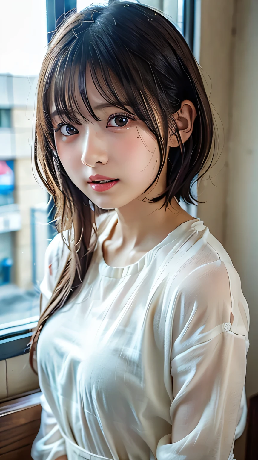 ((Upper Body:1.3)).Blown by the long wind [Blue-black:.3] hair,Looking at the audience, (Tabletop:1.3), (8K, Realistic, RAW Photos, Highest quality: 1.4), Japanese, (1 Girl), Beautiful Face, (Realistic face),{Wavy medium hair|Front hair long bob|short hair with long bangs}{Black hair|Brown hair|Blonde hair}, Beautiful hairstyle, Realistic eyes, Beautiful and beautiful eyes, (Realistic skin), Beautiful Skin, charm, Ultra-high resolution, Surreal, Very detailed, Golden Ratio,Female student peeing in the toilet、shame(Blushing:1.3),Upper Bodyは裸、Nipples sticking out