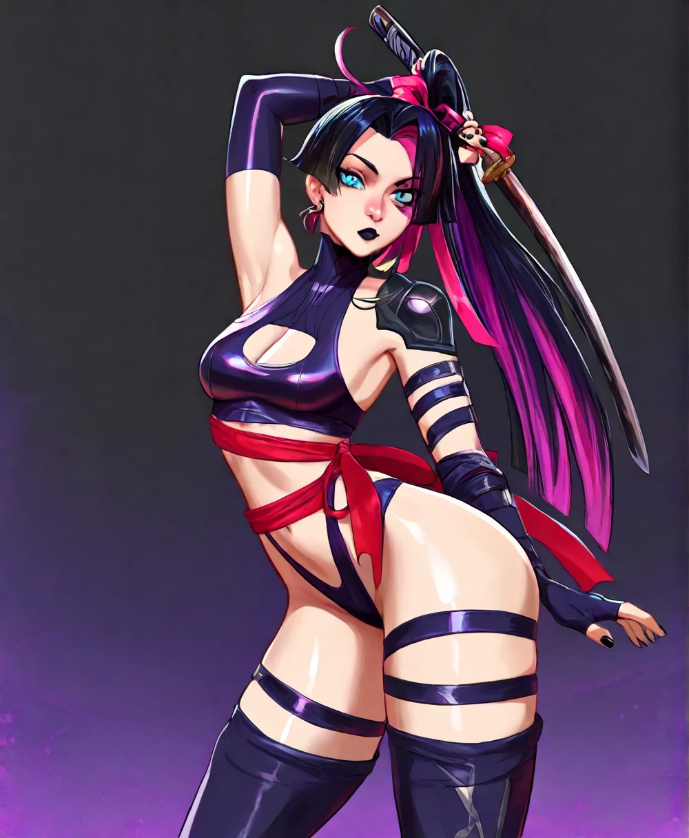 Masterpiece, stunning realistic, best quality, sharpness, 1 girl ,jessie pokemon, solo, team rocket, gloves, hair slicked back, long hair, jewelry, earrings, blue eyes, white background,very long hair, simple background, smile, purple hair, looking at viewer, breasts, large breastsstanding in a white room,y cum on breasts:1),completely ?????,??????, ????,