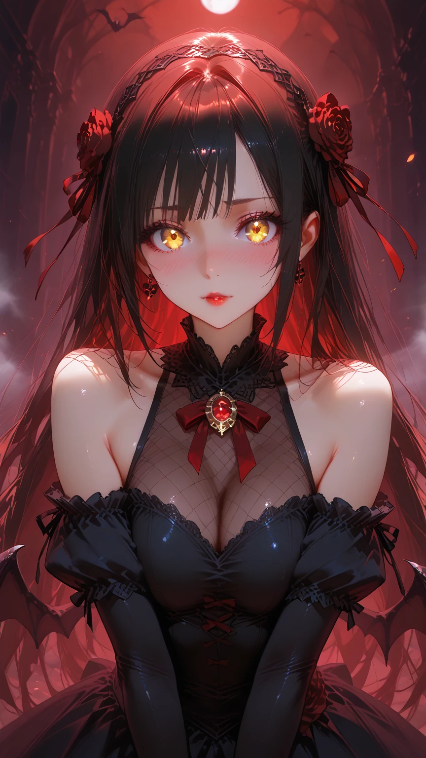 One Girl、Unparalleled beauty、Cute Face、A ruddy face、Beautiful Eyes、(((vampire、Bright red eyes、Black Lips、Expressionless)))、Dark fantasy、A floating eroticism、Short Bob、Elegant dress、Small breasts、Ancient Capital、Dark reception room、Luxurious ornaments、Dim lighting、Dim lighting、masterpiece、Highest quality、Super Resolution、Best image quality、Very detailed、