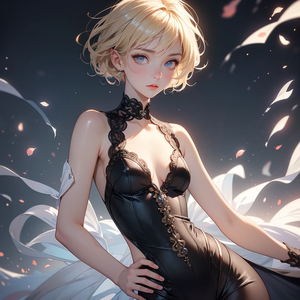 Please follow all prompts below exactly and faithfully. This is a breathtaking masterpiece of digital illustration, with maximum resolution, UHD, 512K, 2160p, 10 million ppi, 300 million dpi, natural color tones, ultra sharp details, perfect outlines with contrast, **most realistic skin and hair textures**, most beautiful detailed eye features, perfect anatomically correct human body, beautiful background with depth, rule of thirds, depth of field, Maximize all element is used to its full potential to create the best digital illustrations, 
A very sexy and elegant woman with a perfect body style, a beautiful sharp face, slim figure, gravity-defying large breasts, beautiful green eyes, (shiny blonde shaggy cut short hair covering one eye), glossy, sensual, very glossy thick lips with striking pink lipstick.
shiny clothes, pelvic curtain dress, 