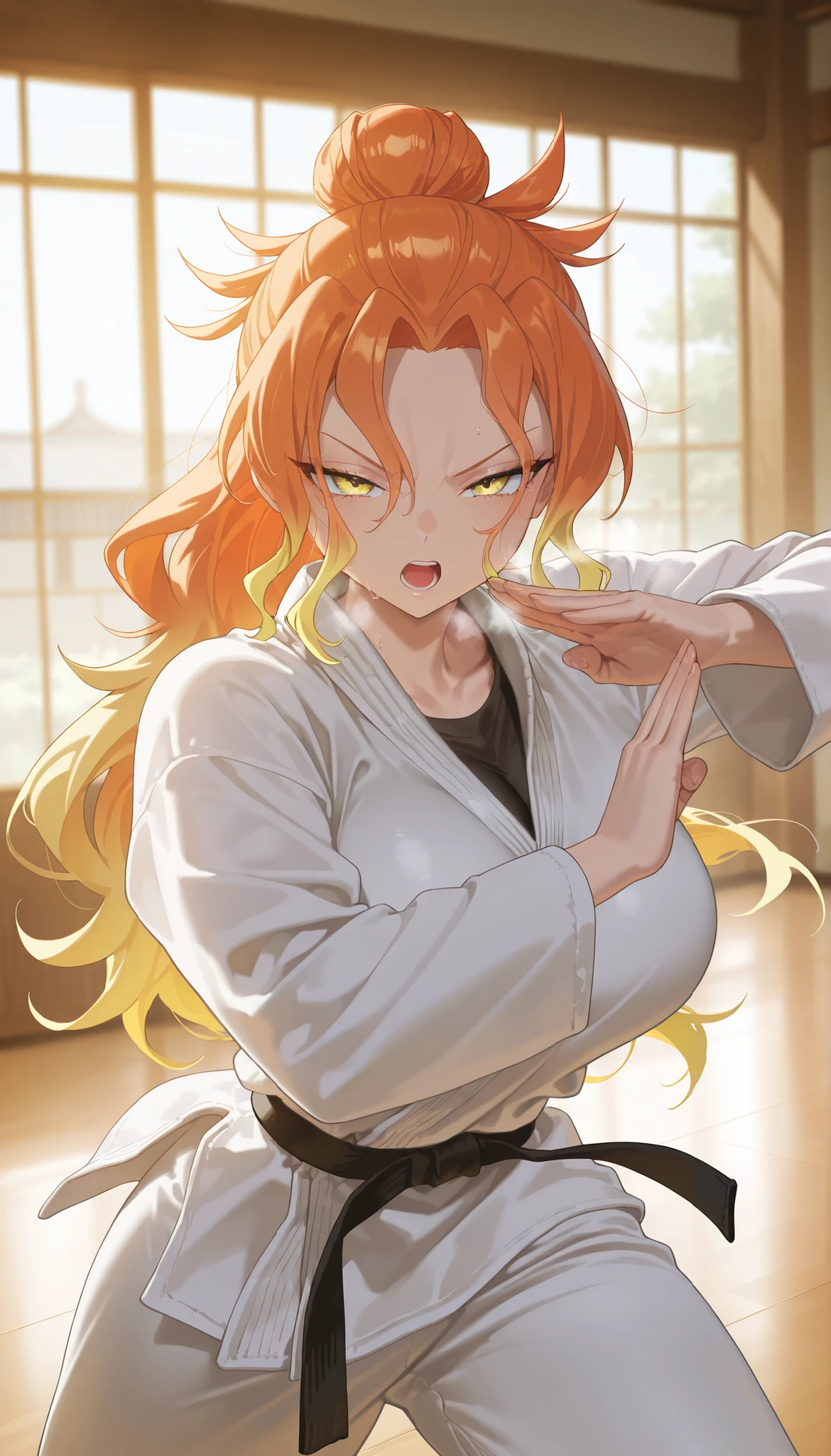 masterpiece, best quality, amazing quality, very aesthetic, absurdres,  newest, scenery, 
EBNiko, 1girl, solo, long hair, blonde hair, hair between eyes, , wide curvy , thick thighs, voluptuous body, Curvy body, thicc woman, yellow eyes, multicolored hair, sidelocks, orange hair, parted bangs, gradient hair, single hair bun, streaked hair, wavy hair, high ponytail, dougi, karate gi, long sleeves, karate, fight stance, fight pose, open mouth, :o, heavy breathing, indoors, dojo, Japanese architecture, half-closed eyes, focused, V-shaped eyebrows, 
(colorful), masterpiece, best quality, amazing quality, very aesthetic, absurdres,  newest, scenery,   