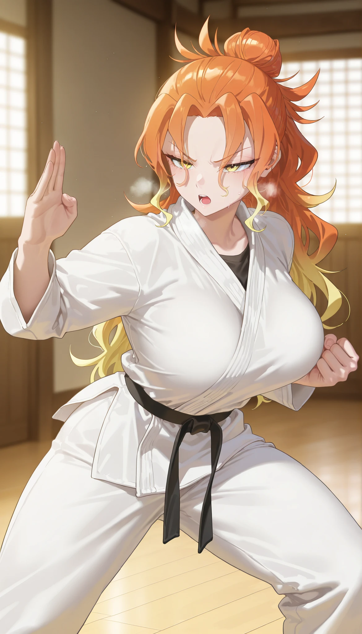 masterpiece, best quality, amazing quality, very aesthetic, absurdres,  newest, scenery, 
EBNiko, 1girl, solo, long hair, blonde hair, hair between eyes, , wide curvy , thick thighs, voluptuous body, Curvy body, thicc woman, yellow eyes, multicolored hair, sidelocks, orange hair, parted bangs, gradient hair, single hair bun, streaked hair, wavy hair, high ponytail, dougi, karate gi, long sleeves, karate, fight stance, fight pose, open mouth, :o, heavy breathing, indoors, dojo, Japanese architecture, half-closed eyes, focused, V-shaped eyebrows, 
(colorful), masterpiece, best quality, amazing quality, very aesthetic, absurdres,  newest, scenery,   