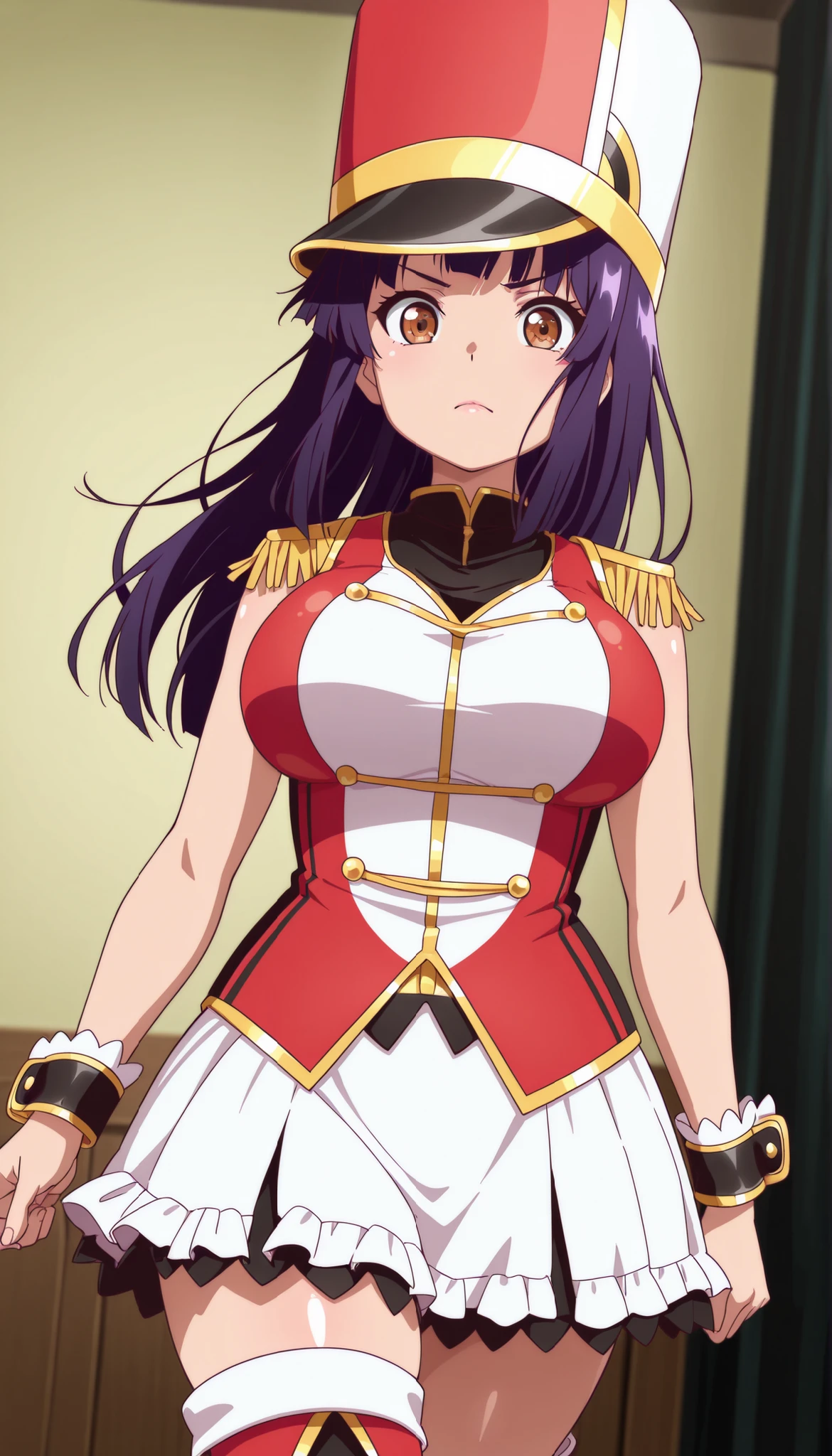 score_9, score_8_up, score_7_up, source_anime, solo, 1girl, looking at viewer, absurdres,highres,masterpiece,best quality,amazing quality, ultra detailed anime style, anime coloring, shiny skin, perfect eyes,detail1eye,well-defined fingers, AoiIzumizawa, brown eyes, purple hair, long hair, large breasts, kokorohhw, hhw skirt, hhw shako cap, hhw band uniform, hhw wrist cuffs, hhw thigh boots, closed mouth, rouge lips , cowboy shot ,from front,walking posture ,serious face ,in backstage