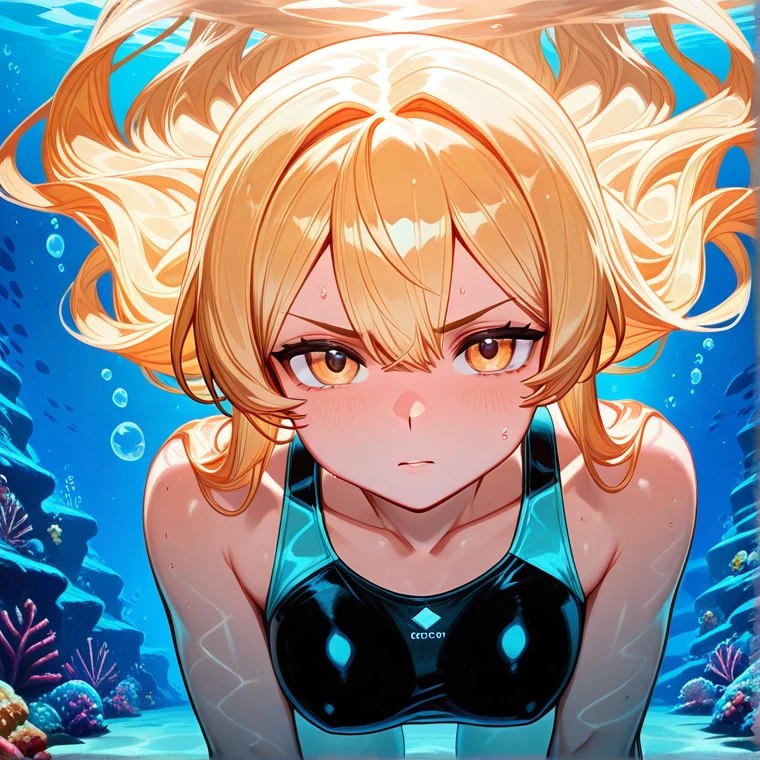 ((artwork, Best quality)), Front Lighting, (1 woman), (Alone), (female focus), (stand:1.3), (looking forward: 1.3), straight pose, , medium breasts , short, medium hair, swimming suit, swimming, swimming uniform, green details, yellow details, swimming goggles on the forehead, goggles on the forehead, (very wide shot: 1.5), long hair,, human ear, green eyes , worried look, worried, distant look, light reflection, anatomically correct
