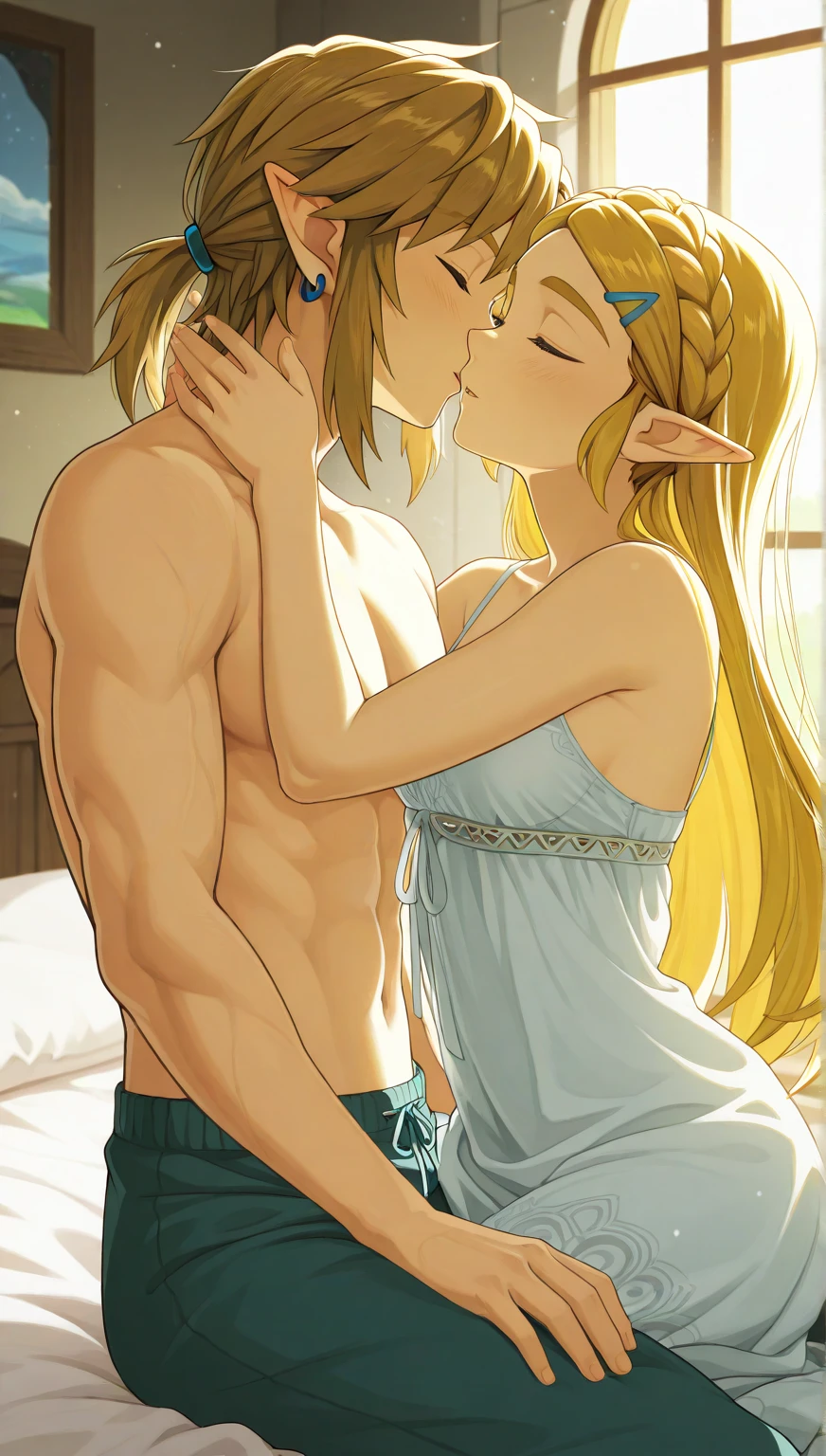 source_anime,score_9,score_8_up,screencap, anime screencap, BREAK, A shirtless young man lying face down on a bed, facing towards you., Brown hair, looking at viewer, toppless, ?????, 1girl, 1boy, male focus, blonde male, link, muscular, in bed, zelda, laying on side, side view, covered legs in a blanket, couple, duo, zelda sleeps next to link, ?????, pulling pants down, pulling down pants, huge penis, heterosexual 