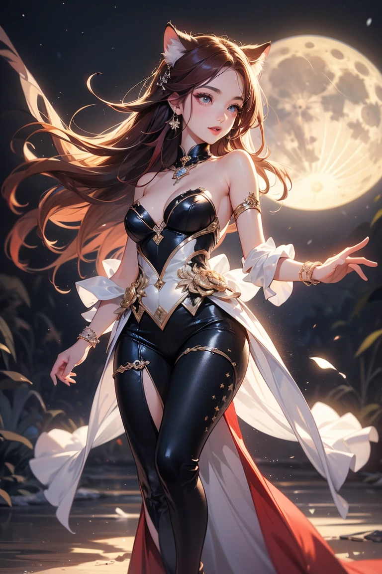 anime woman, large breasts, red and gold eyes, long curly brown hair, short black and red dress, golden star necklace, brown wolf ears, nine brown tails, full body, golden moon and background stars